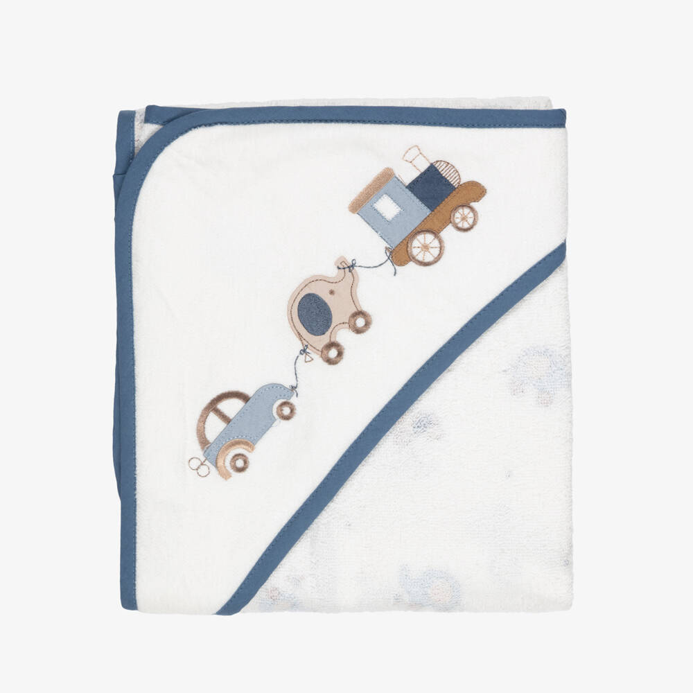 Mayoral Для новорожденных-Baby Boys White & Blue Hooded Towel with Toy Print | Childrensalon
