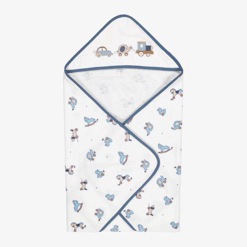 Mayoral Для новорожденных-Baby Boys White & Blue Hooded Towel with Toy Print | Childrensalon