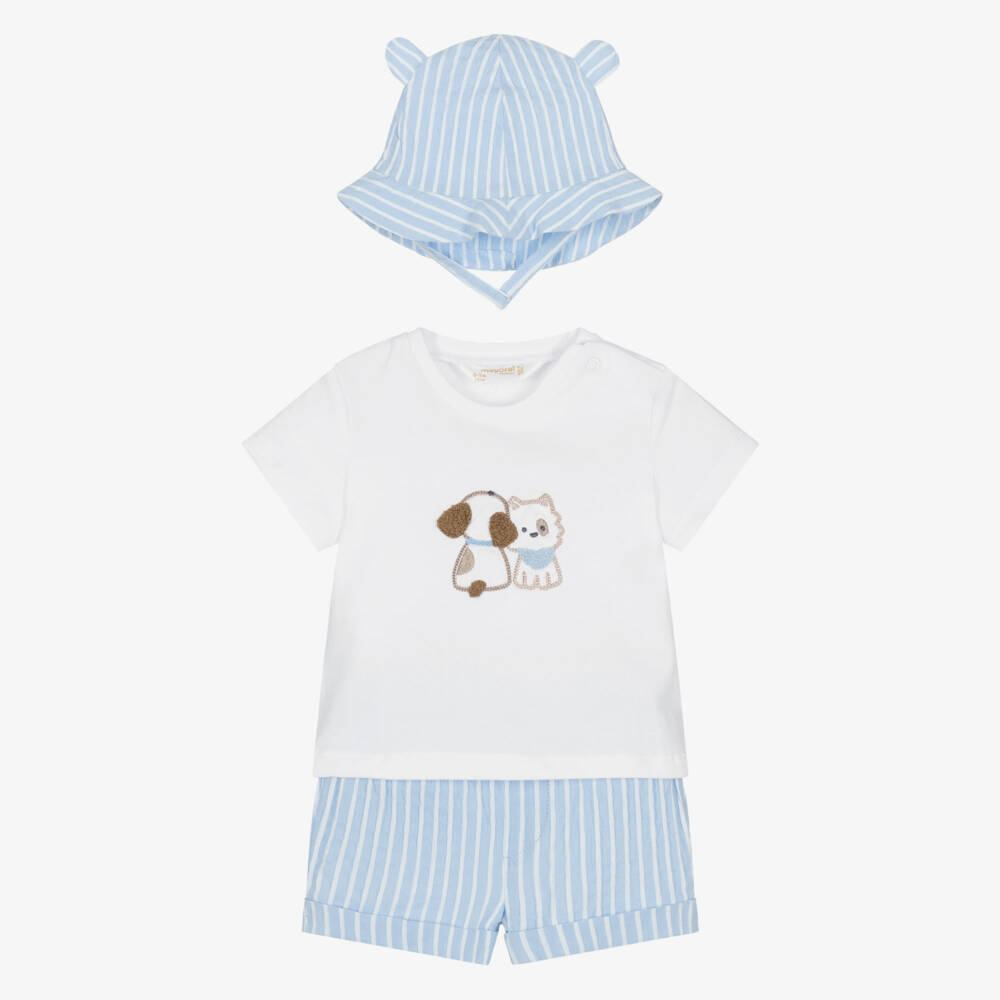 Mayoral Newborn-Baby Boys White & Blue Stripe Cotton Shorts Set | Childrensalon