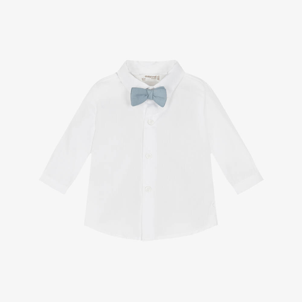 Mayoral Для новорожденных-Baby Boys White Cotton Shirt with Blue Bow Tie | Childrensalon
