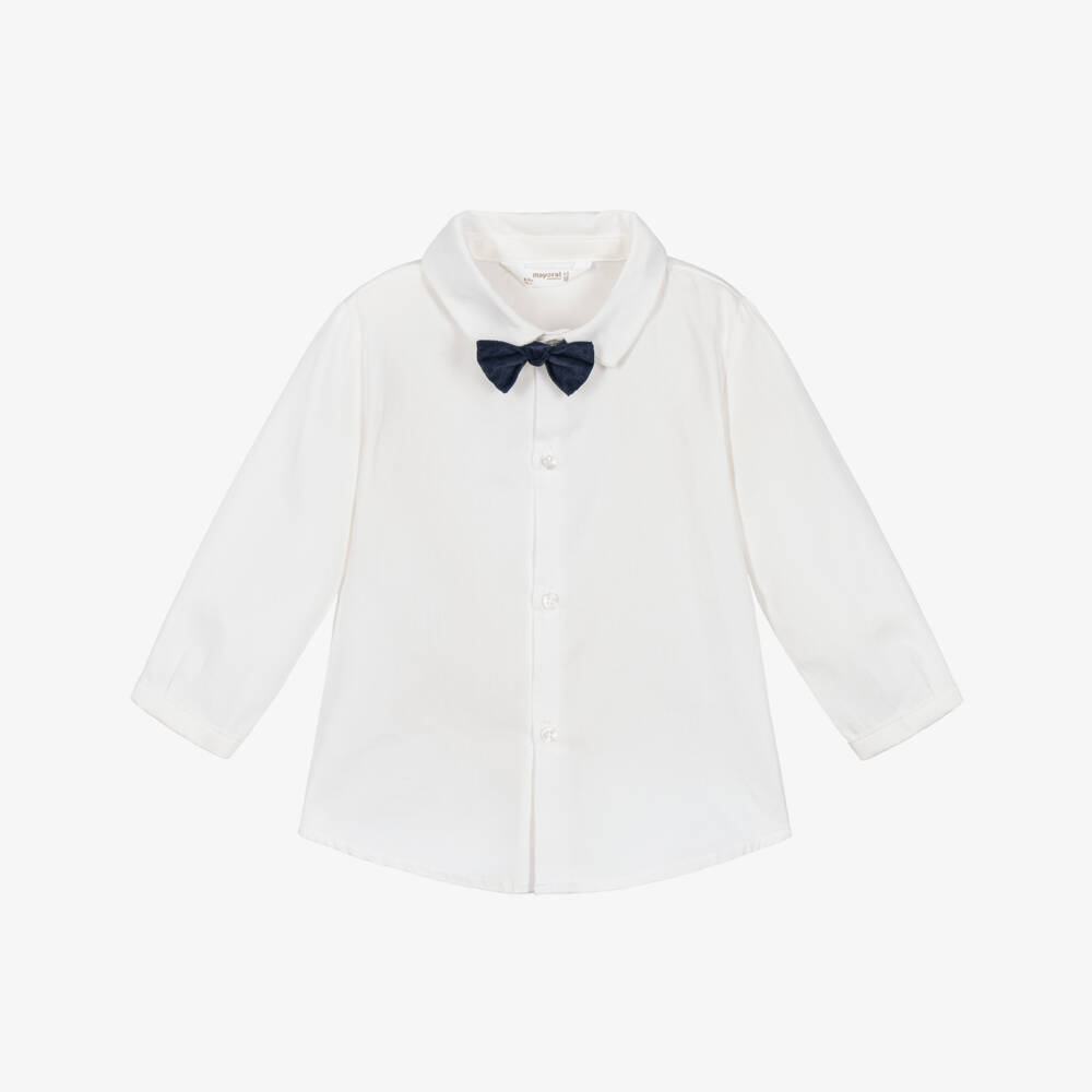 Mayoral Newborn-Baby Boys White Cotton Shirt with Navy Bow Tie  | Childrensalon