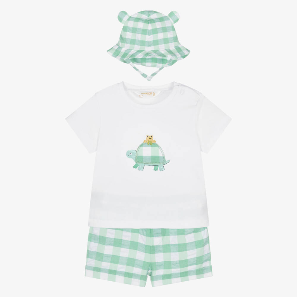 Mayoral Newborn-Baby Boys White & Green Gingham Cotton Shorts Set | Childrensalon