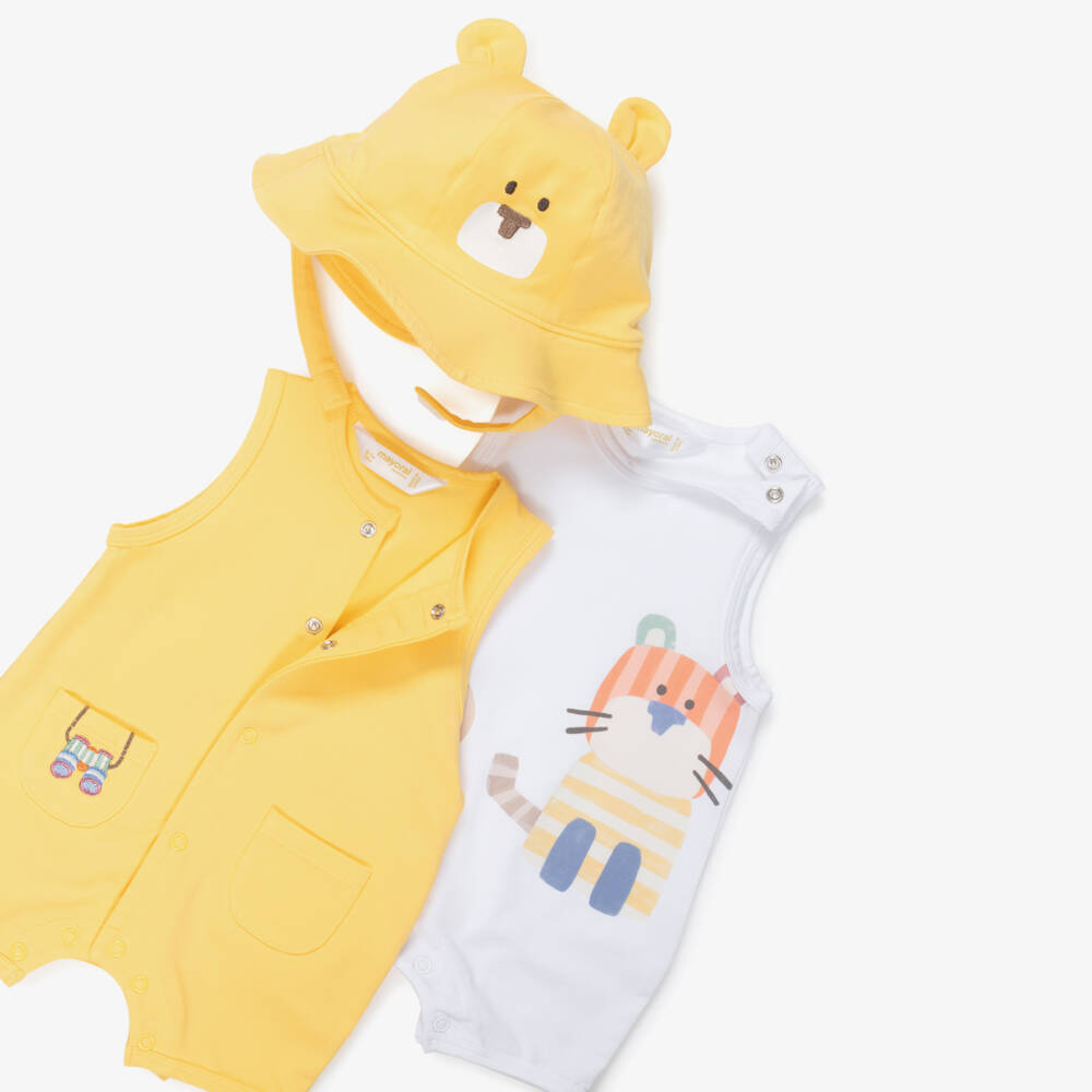 Mayoral Newborn-طقم بودي سوت بطبعة سفاري لون أبيض وأصفر للأولاد الرضع | Childrensalon