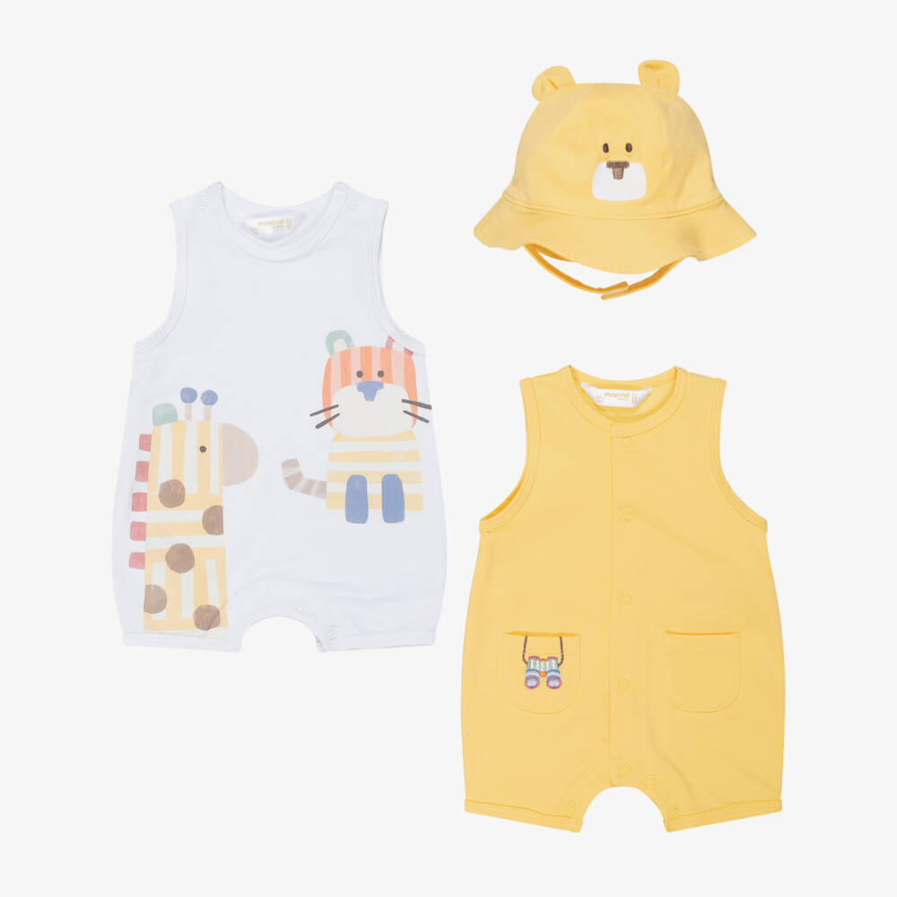 Mayoral Для новорожденных-Baby Boys Yellow & White Safari Print Shortie Set | Childrensalon