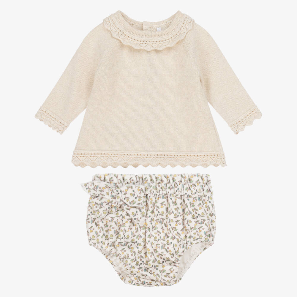 Mayoral Newborn-Baby Girls Beige & Green Cotton Floral Shorts Set | Childrensalon