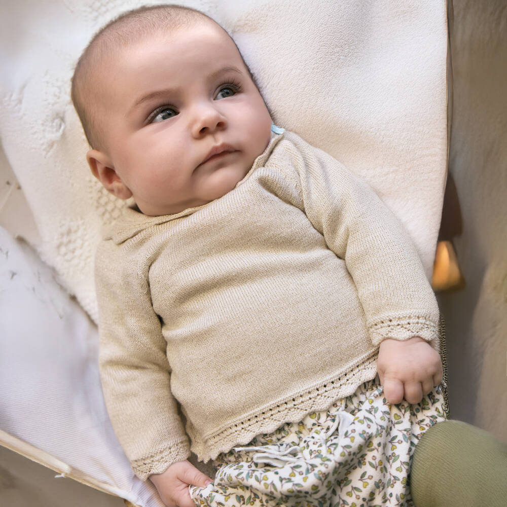 Mayoral Newborn-Baby Girls Beige & Green Cotton Floral Shorts Set | Childrensalon