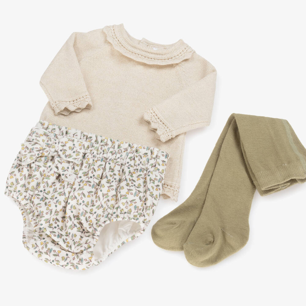 Mayoral Newborn-Baby Girls Beige & Green Cotton Floral Shorts Set | Childrensalon