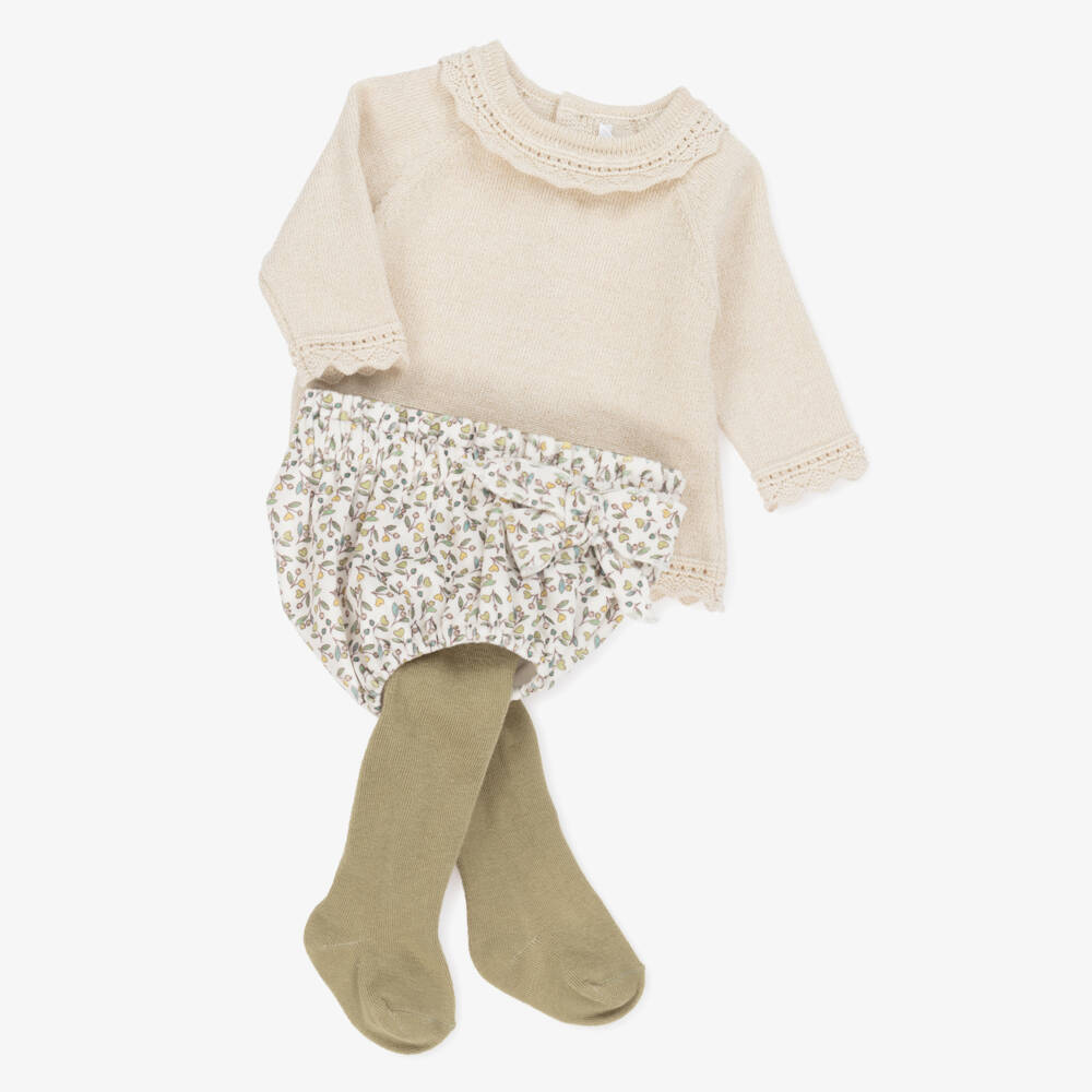 Mayoral Newborn-Baby Girls Beige & Green Cotton Floral Shorts Set | Childrensalon