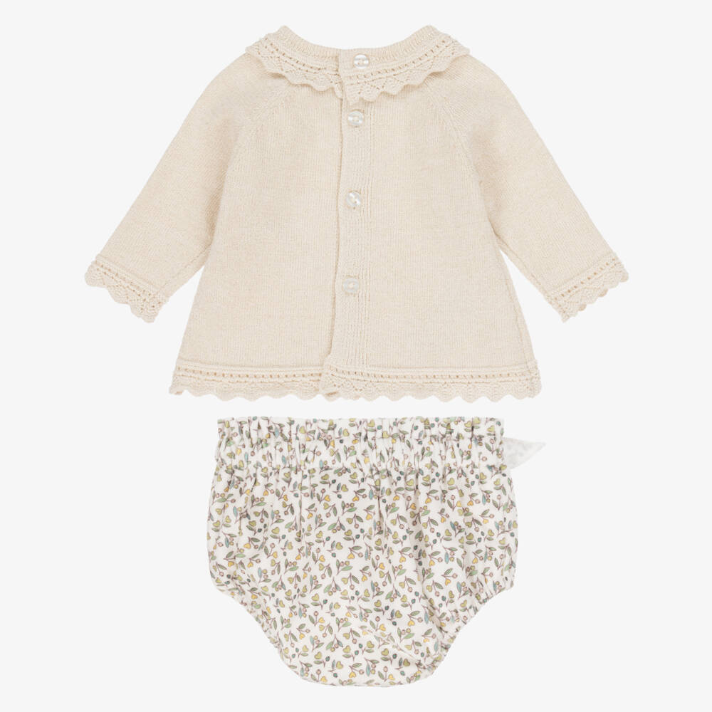 Mayoral Newborn-Baby Girls Beige & Green Cotton Floral Shorts Set | Childrensalon