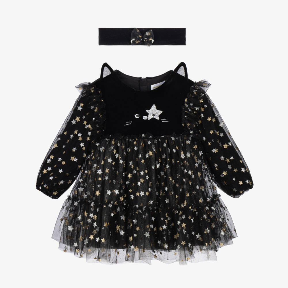 Mayoral Newborn-Baby Girls Black Cat Velour Dress Set | Childrensalon