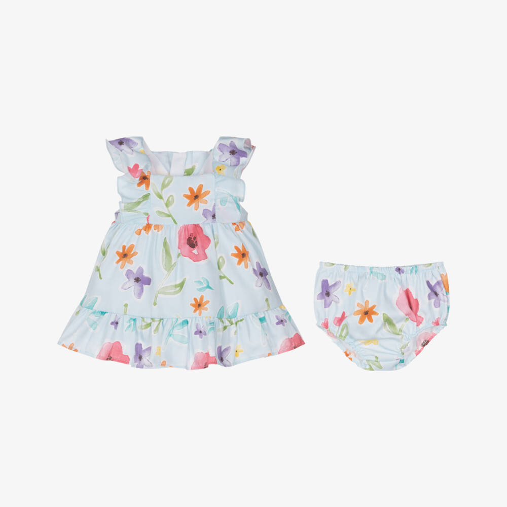 Mayoral Newborn-Baby Girls Blue Cotton Dress with Colourful Floral Print | Childrensalon