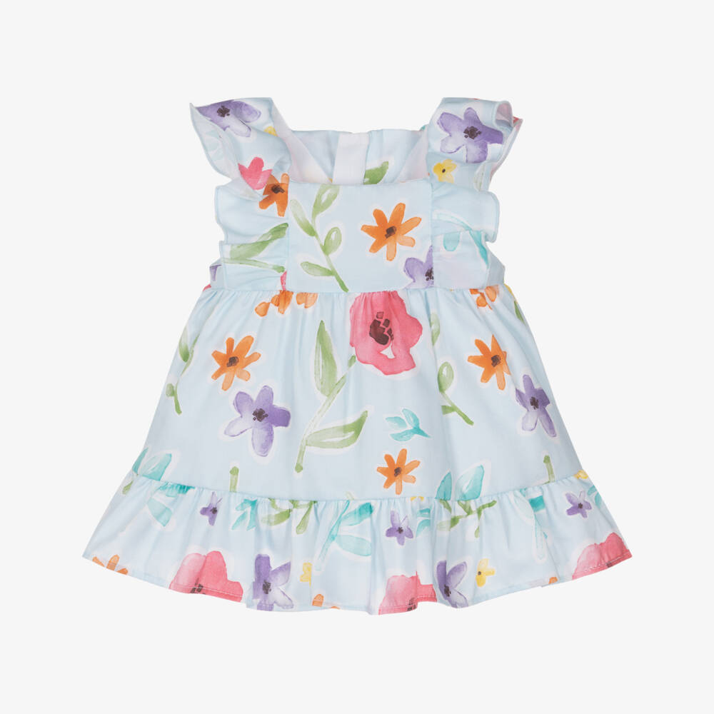 Mayoral Newborn-Baby Girls Blue Cotton Dress with Colourful Floral Print | Childrensalon