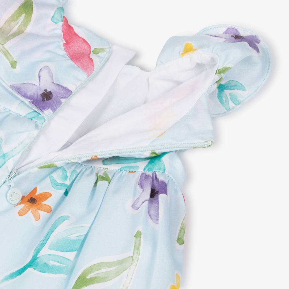 Mayoral Newborn-Baby Girls Blue Cotton Dress with Colourful Floral Print | Childrensalon