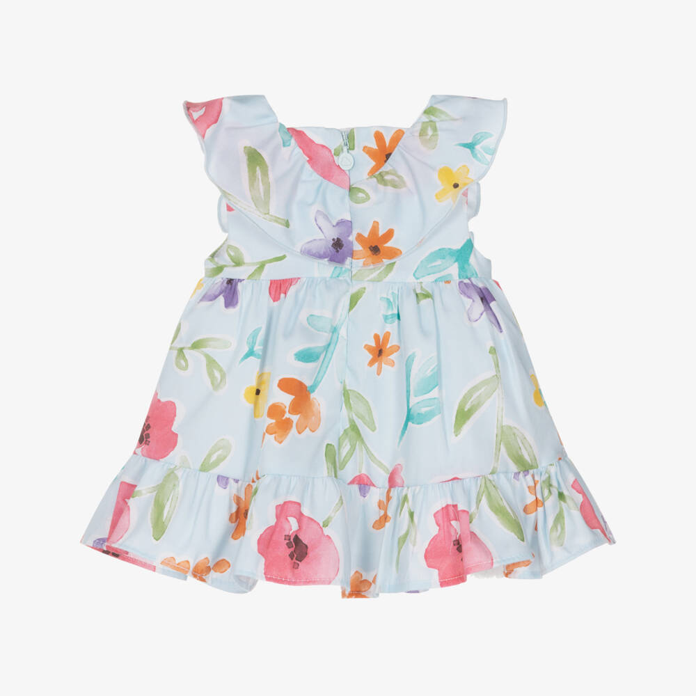 Mayoral Newborn-Baby Girls Blue Cotton Dress with Colourful Floral Print | Childrensalon
