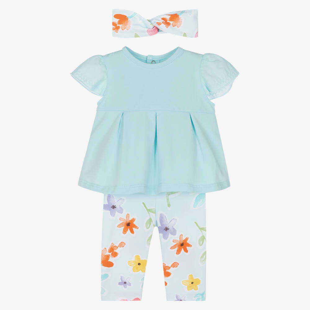 Mayoral Для новорожденных-Baby Girls Blue Cotton Leggings Set with Colourful Floral Print | Childrensalon