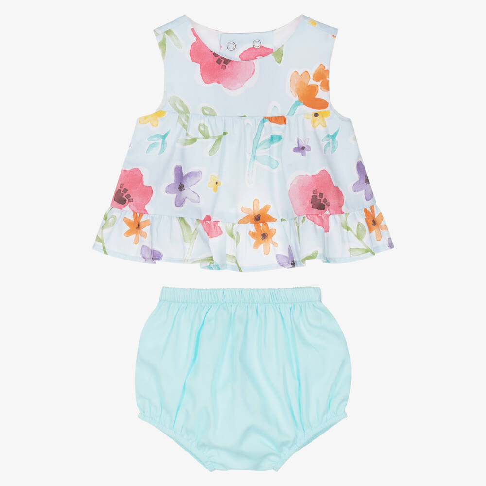 Mayoral Newborn-Baby Girls Blue Cotton Outfit with Colourful Floral Print  | Childrensalon