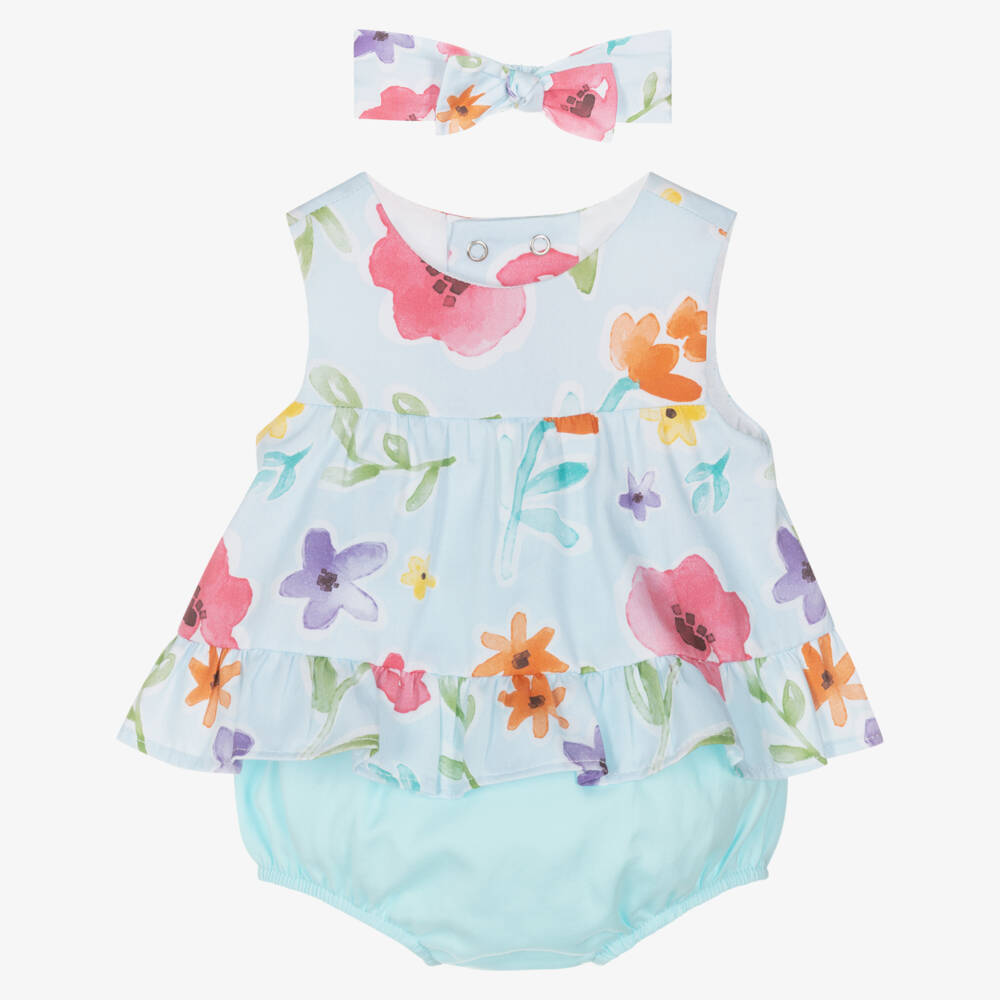 Mayoral Newborn-Baby Girls Blue Cotton Outfit with Colourful Floral Print  | Childrensalon