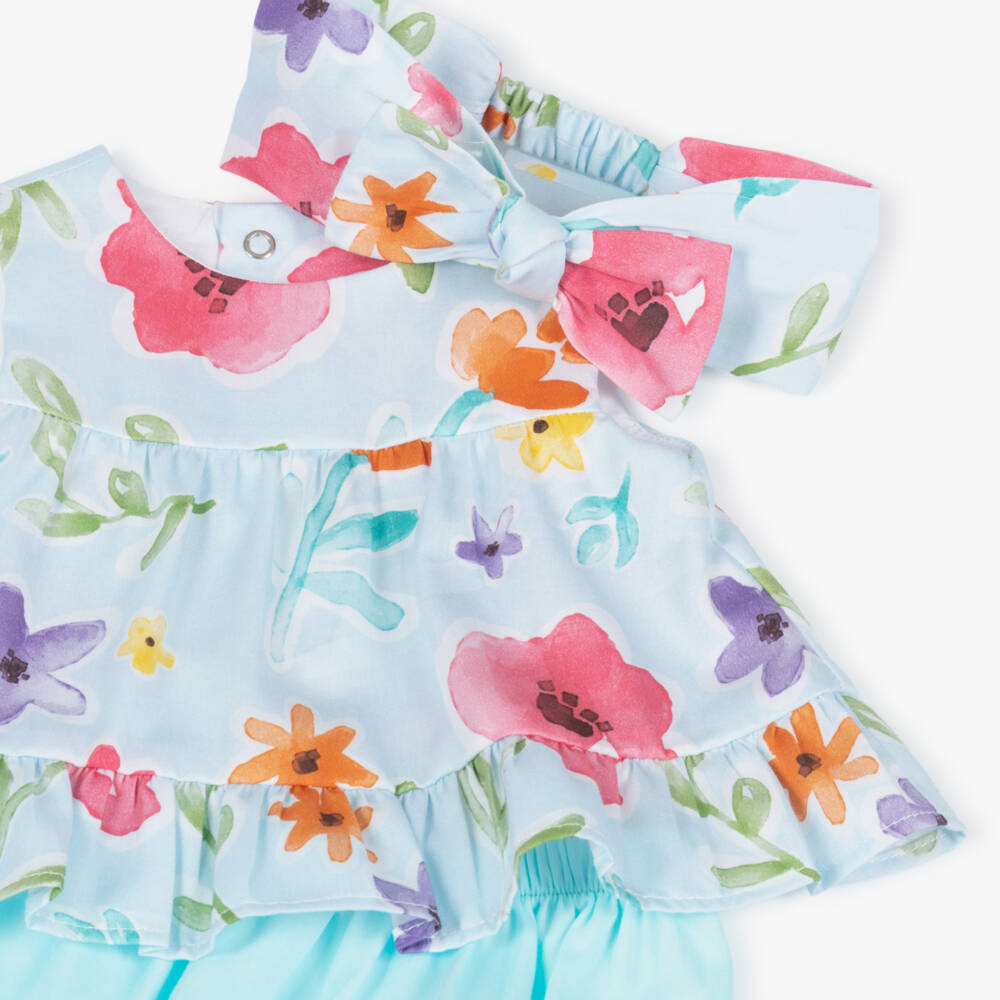 Mayoral Newborn-Baby Girls Blue Cotton Outfit with Colourful Floral Print  | Childrensalon