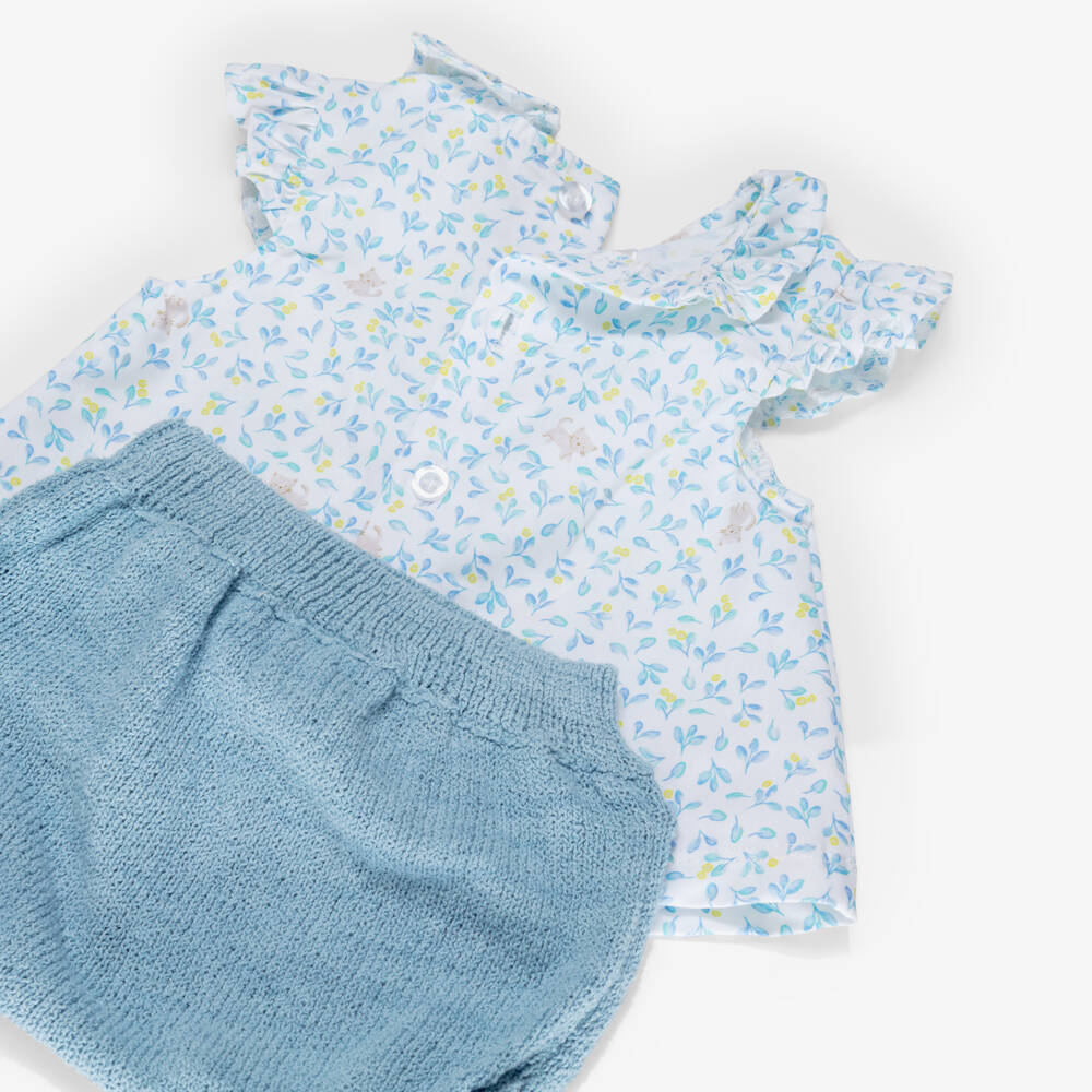 Mayoral Для новорожденных-Baby Girls Blue Cotton Shorts Set with Kitten Print | Childrensalon