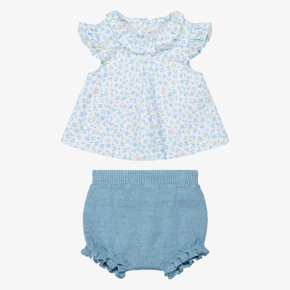 Mayoral Для новорожденных-Baby Girls Blue Cotton Shorts Set with Kitten Print | Childrensalon