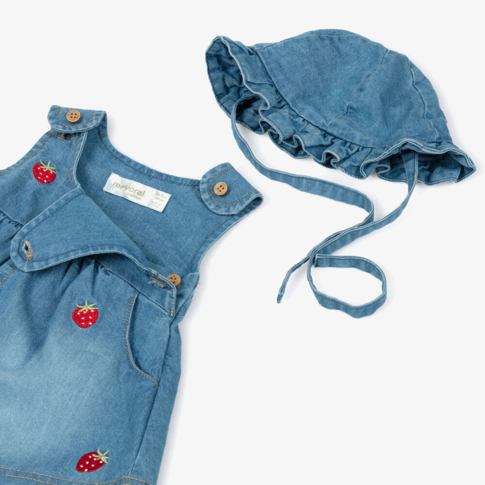Mayoral Newborn-Baby Girls Blue Denim Dress Set with Embroidered Strawberries | Childrensalon
