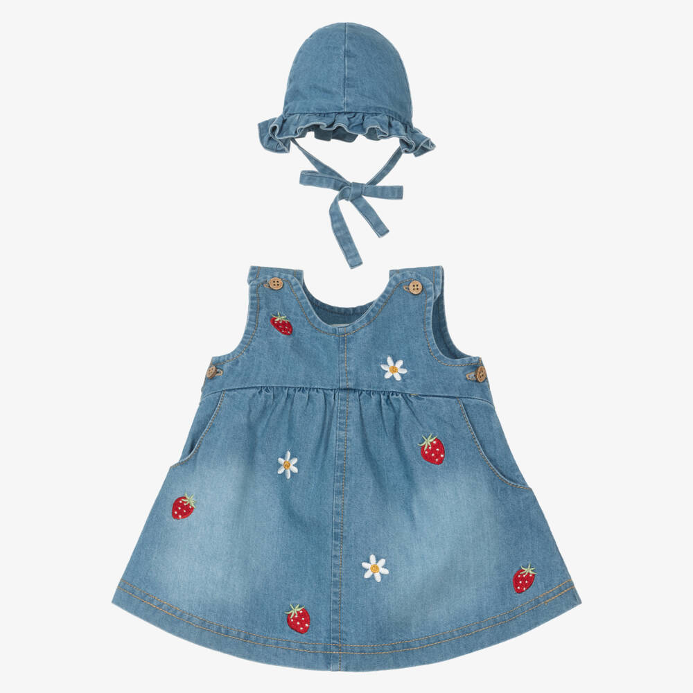 Mayoral Newborn-Baby Girls Blue Denim Dress Set with Embroidered Strawberries | Childrensalon