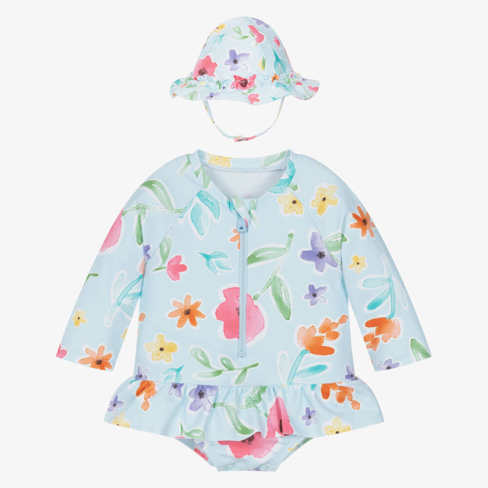 Mayoral Для новорожденных-Baby Girls Blue Floral Swim Set (UPF40+) | Childrensalon