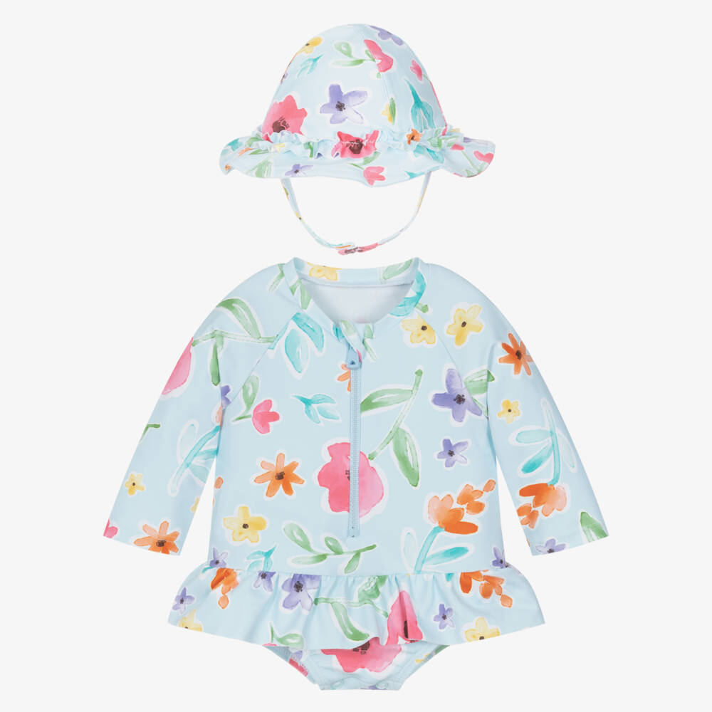 Mayoral Newborn-Baby Girls Blue Floral Swim Set (UPF40+) | Childrensalon