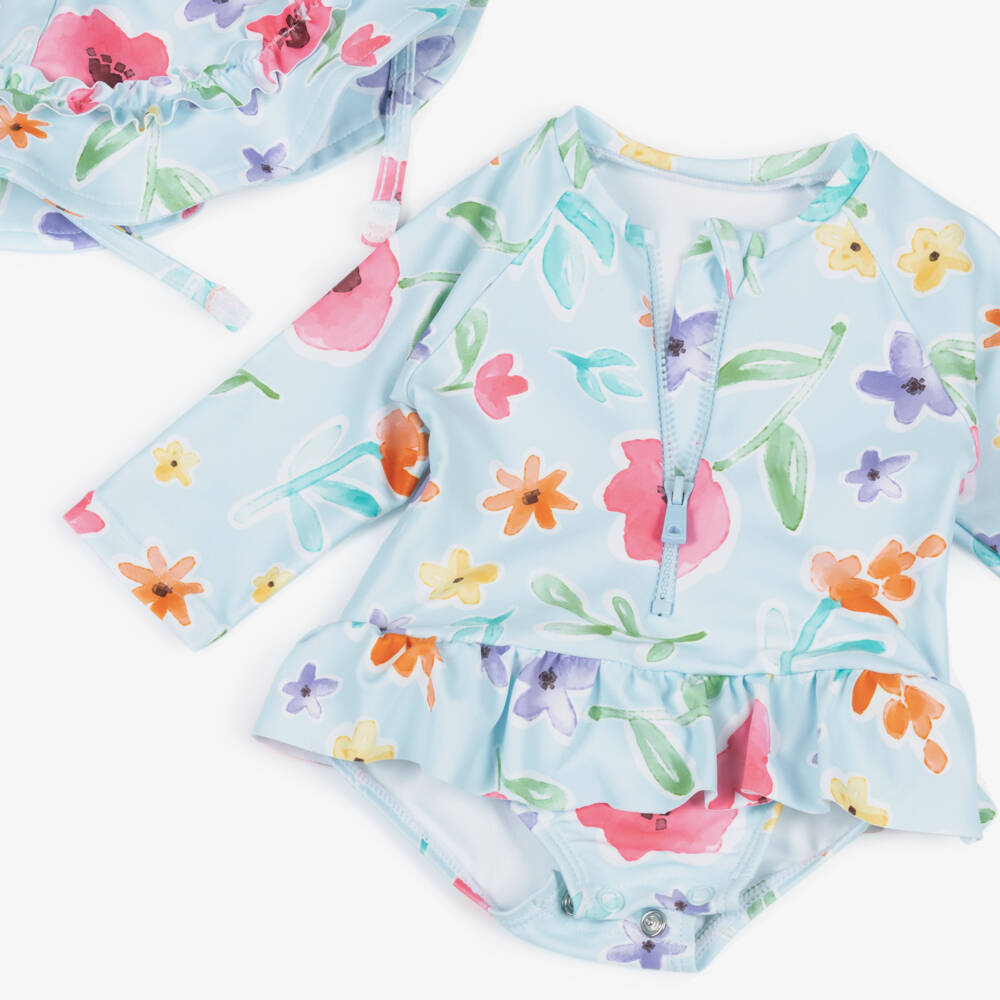 Mayoral Newborn-Baby Girls Blue Floral Swim Set (UPF40+) | Childrensalon