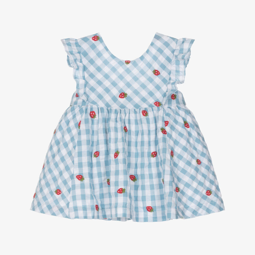 Mayoral Newborn-Baby Girls Blue Gingham Dress with Embroidered Strawberries | Childrensalon