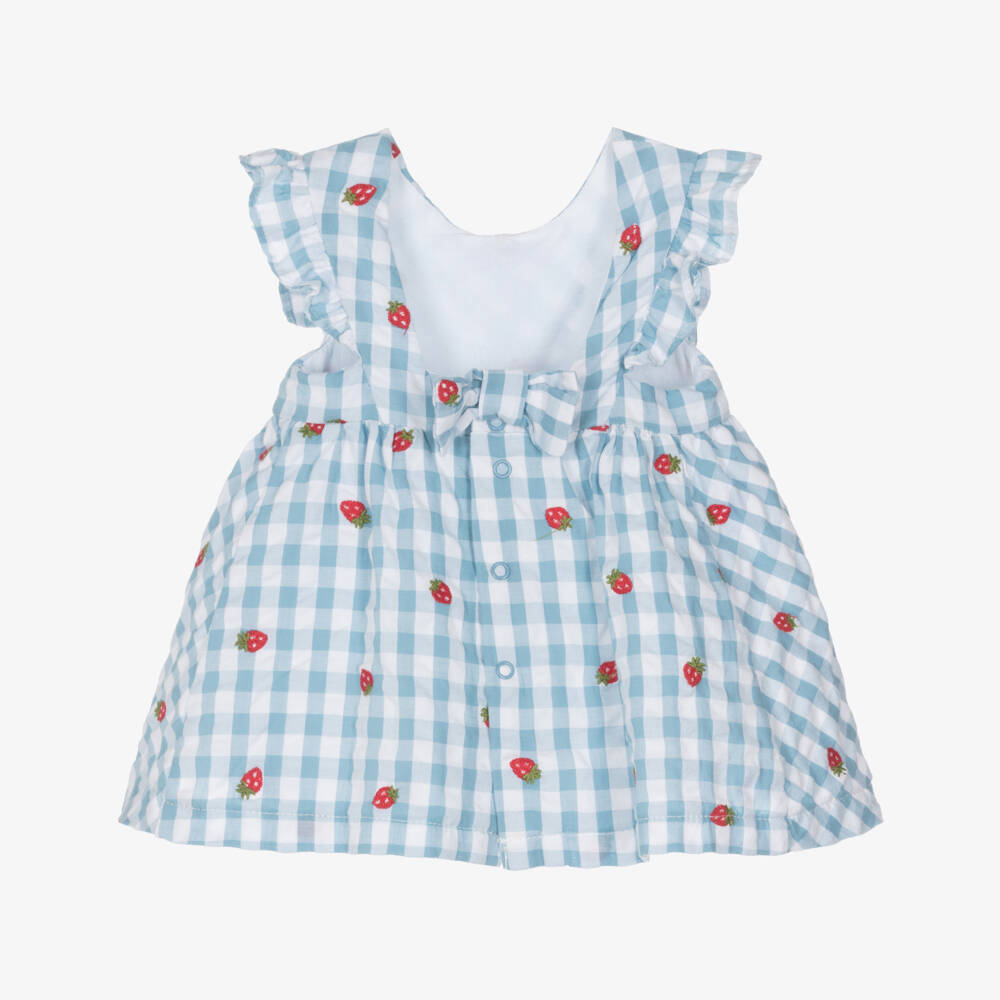 Mayoral Newborn-Baby Girls Blue Gingham Dress with Embroidered Strawberries | Childrensalon