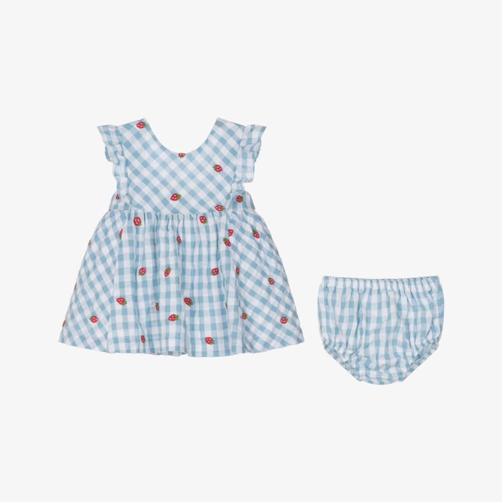 Mayoral Newborn-Baby Girls Blue Gingham Dress with Embroidered Strawberries | Childrensalon
