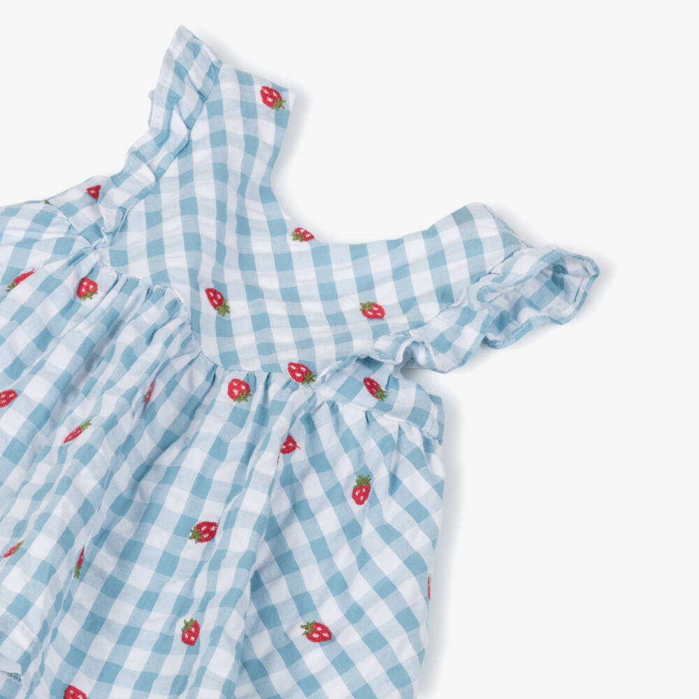 Mayoral Newborn-Baby Girls Blue Gingham Dress with Embroidered Strawberries | Childrensalon
