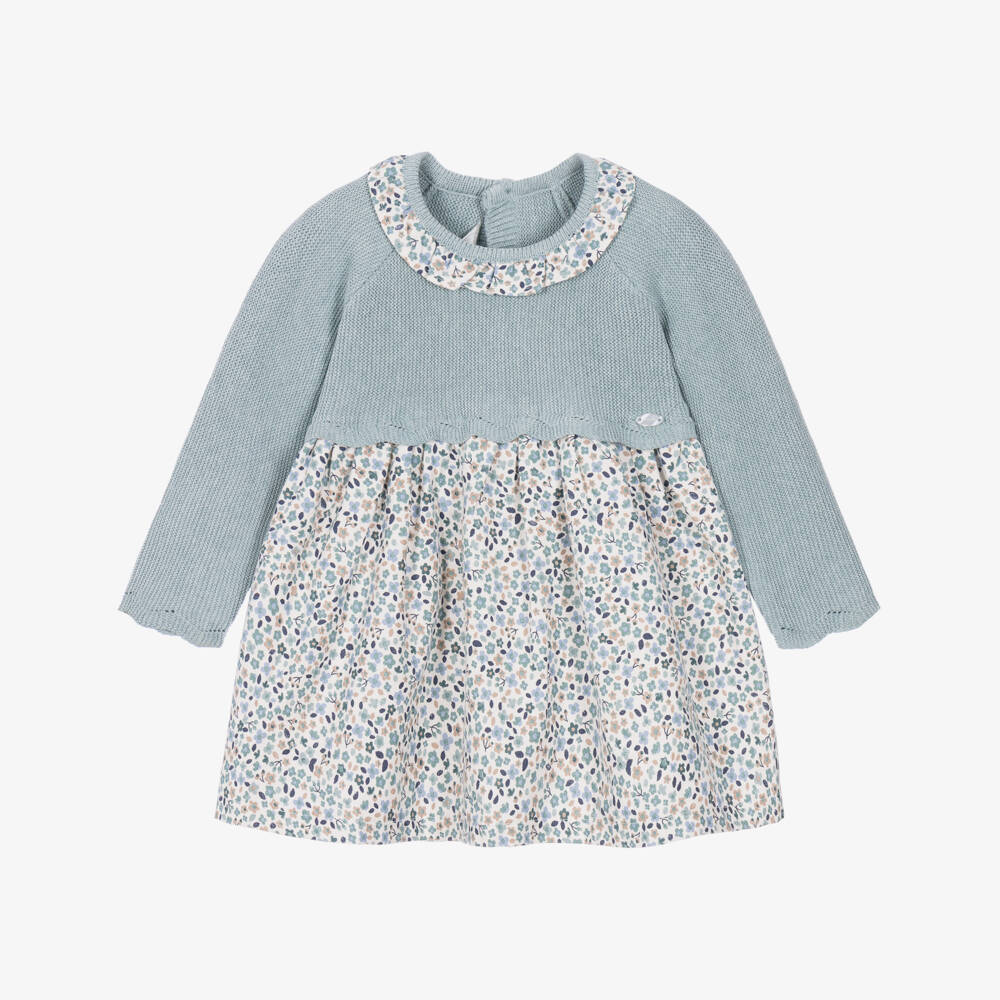 Mayoral Newborn-Baby Girls Blue Knitted & Floral Dress | Childrensalon