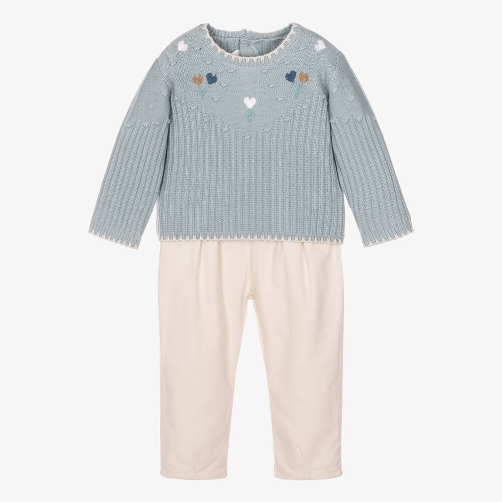 Mayoral Newborn-Baby Girls Blue Knitted Sweater & Ivory Corduroy Trouser Set | Childrensalon