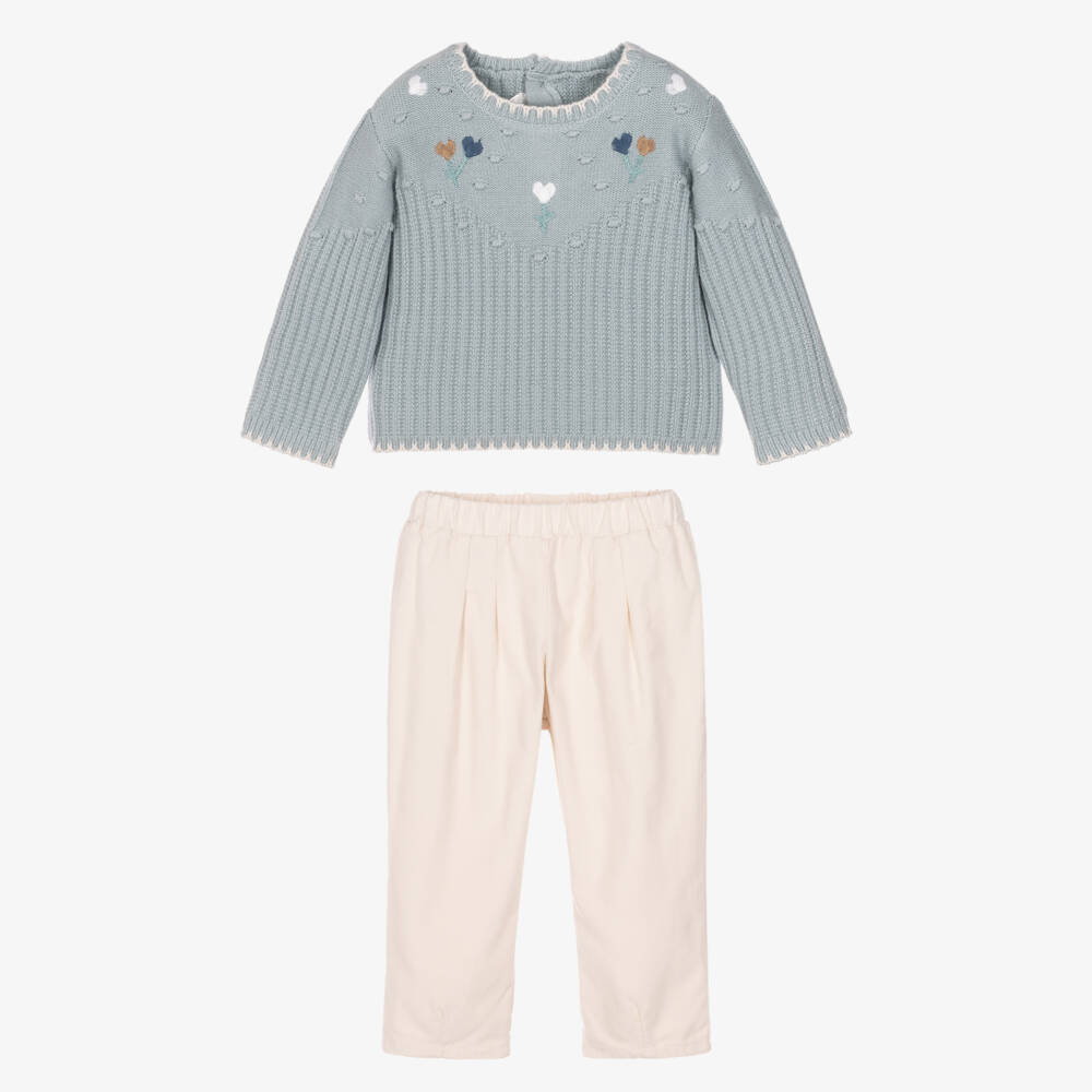 Mayoral Newborn-Baby Girls Blue Knitted Sweater & Ivory Corduroy Trouser Set | Childrensalon