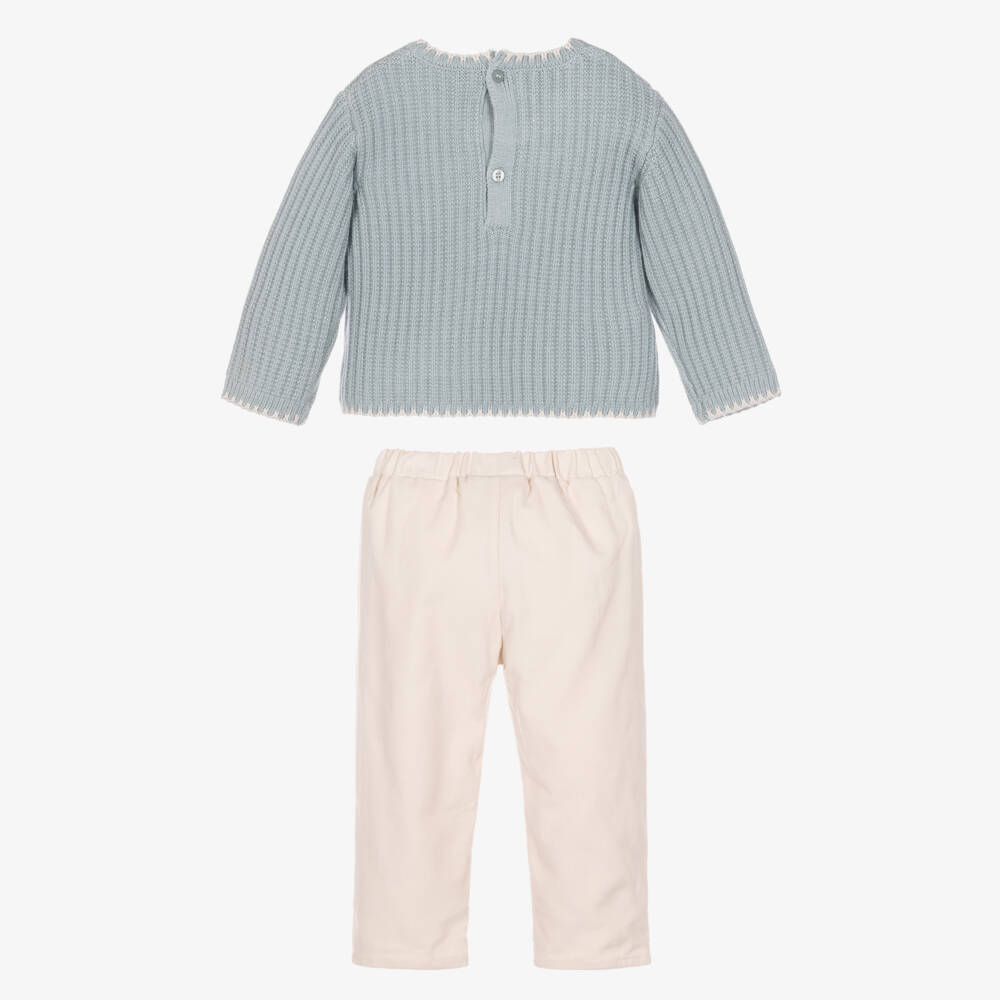 Mayoral Newborn-Baby Girls Blue Knitted Sweater & Ivory Corduroy Trouser Set | Childrensalon