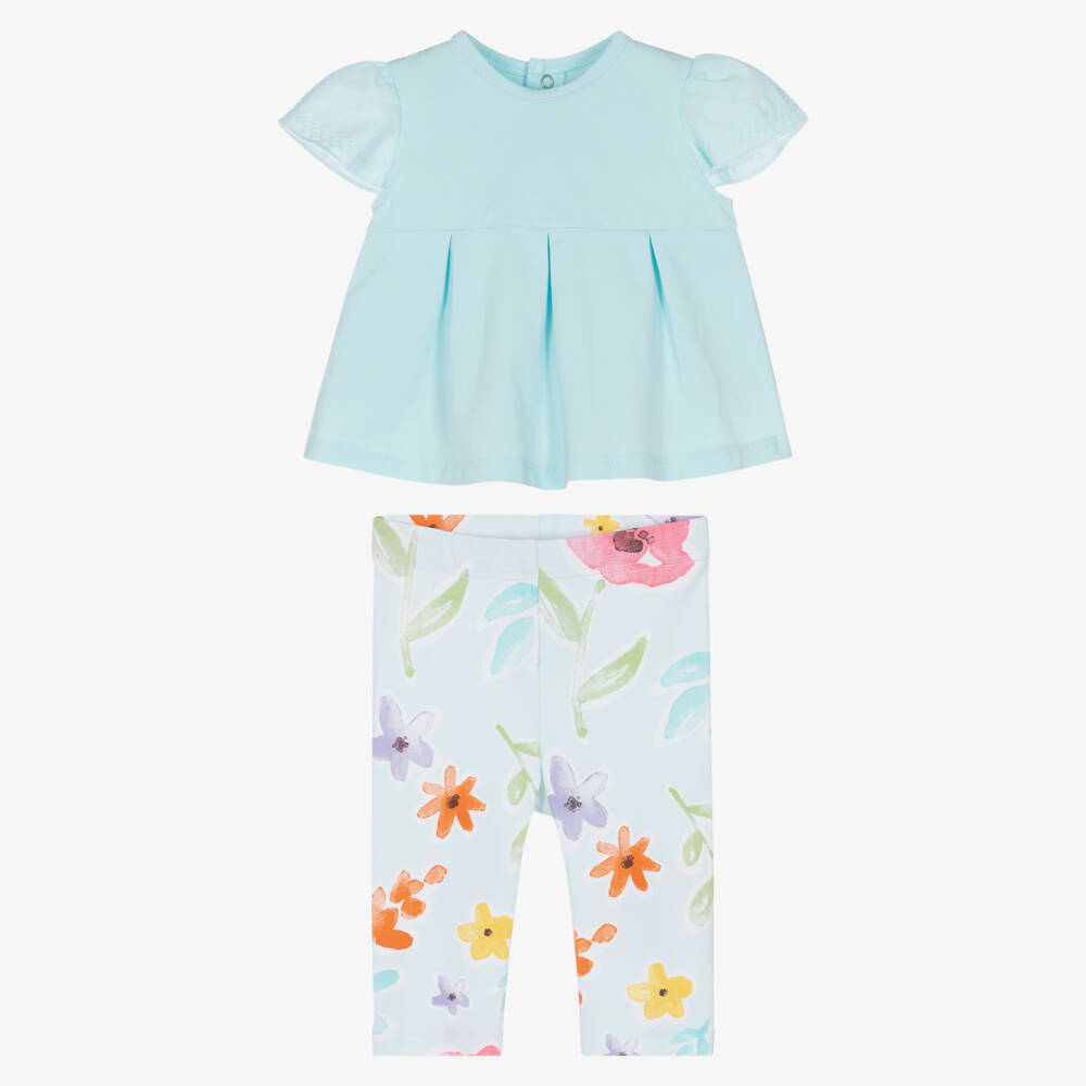 Mayoral Newborn-Baby Girls Blue Leggings Set with Colourful Floral Print | Childrensalon