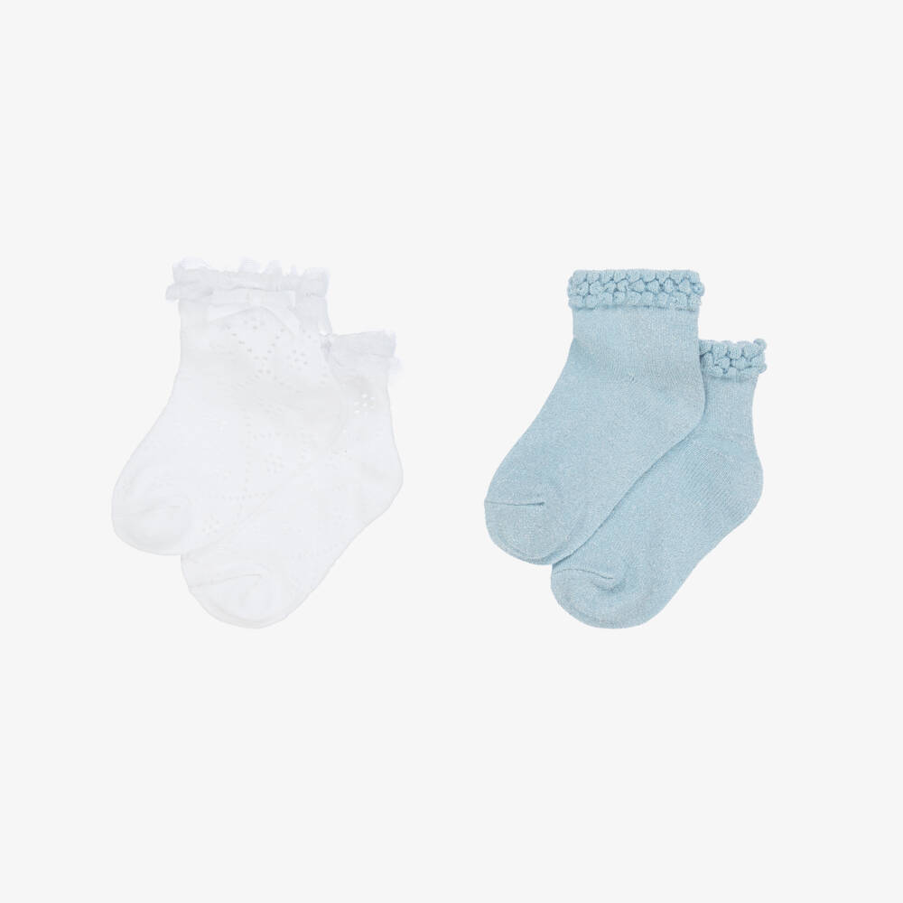 Mayoral-Baby Girls Blue & White Cotton Socks (2 Pack) | Childrensalon