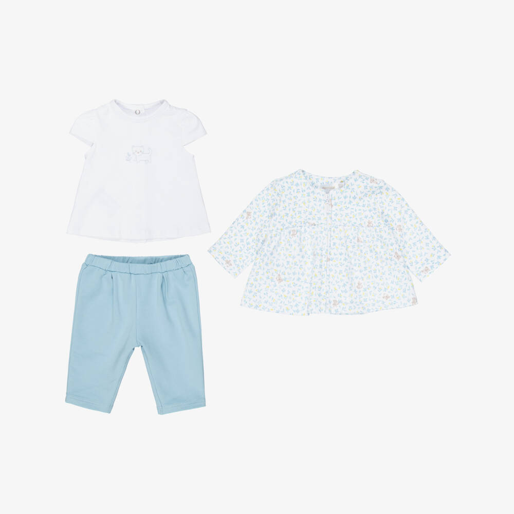 Mayoral Для новорожденных-Baby Girls Blue & White Kitten Print Trouser Set | Childrensalon