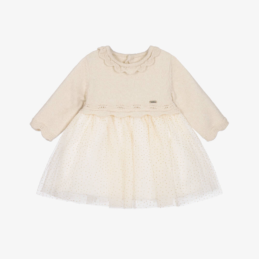 Mayoral Для новорожденных-Baby Girls Champagne Knit & Tulle Dress  | Childrensalon