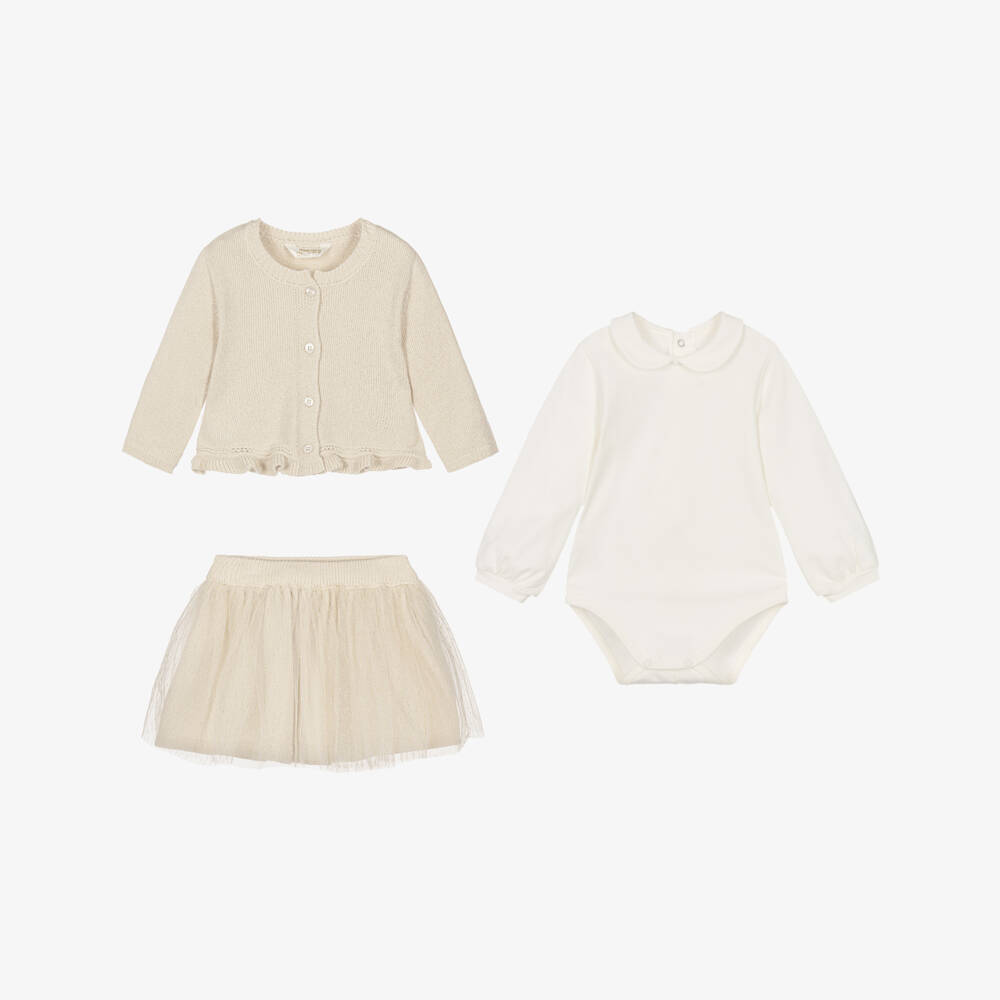 Mayoral Для новорожденных-Baby Girls Champagne Lurex Knit & Glittery Tutu Skirt Set | Childrensalon