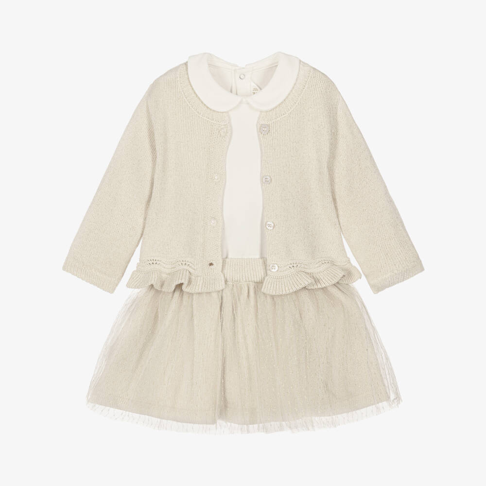 Mayoral Для новорожденных-Baby Girls Champagne Lurex Knit & Glittery Tutu Skirt Set | Childrensalon