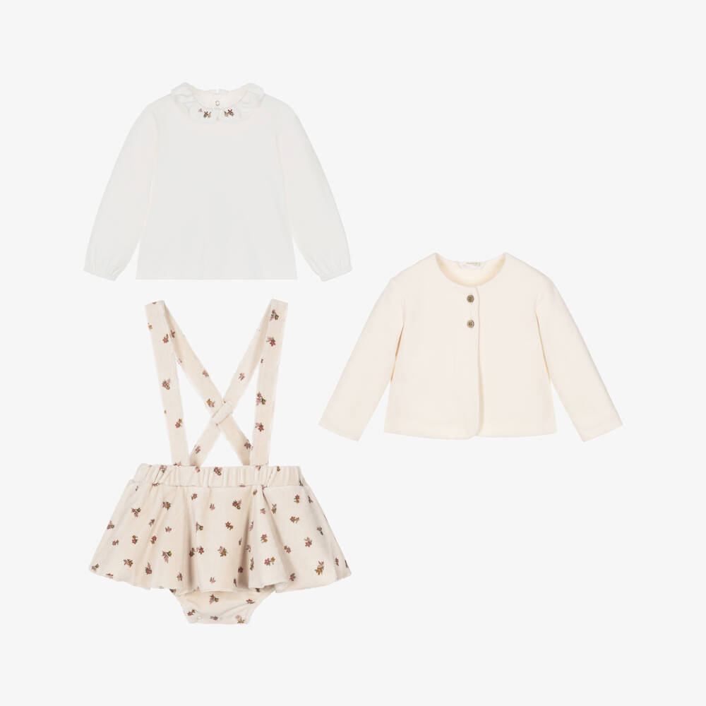 Mayoral Newborn-Baby Girls Floral Corduroy Skirt Set in Cream | Childrensalon
