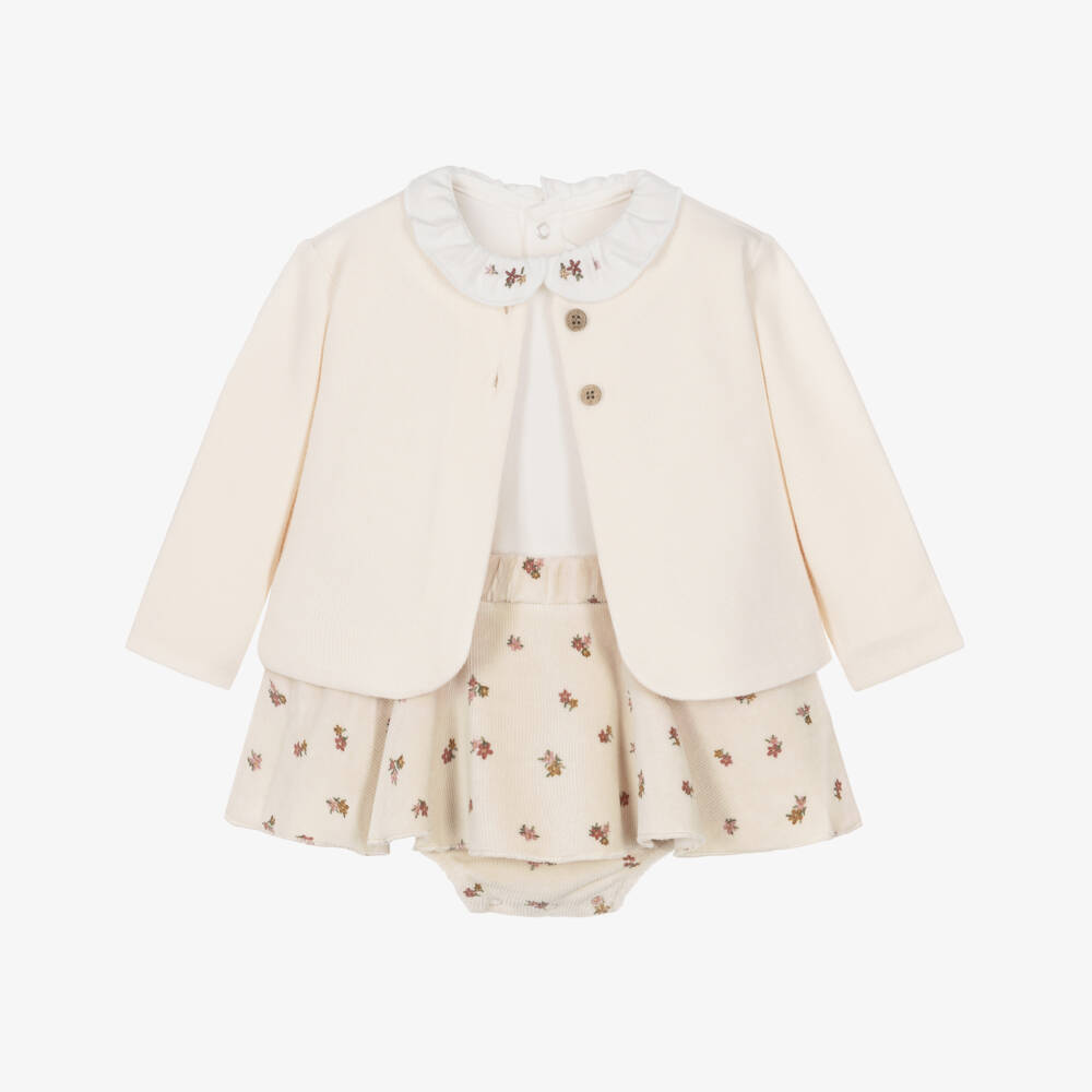 Mayoral Newborn-Baby Girls Floral Corduroy Skirt Set in Cream | Childrensalon