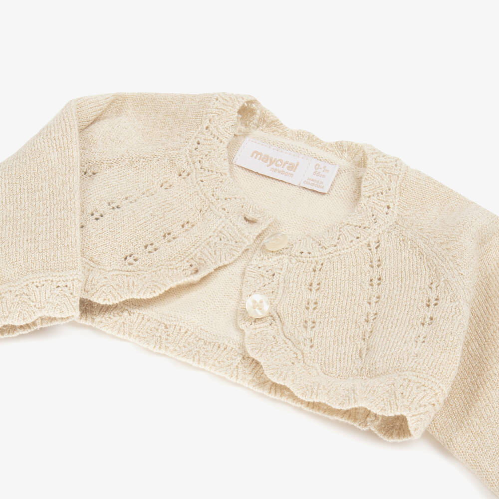 Mayoral Newborn-Baby Girls Glittery Beige Cotton Bolero Cardigan | Childrensalon