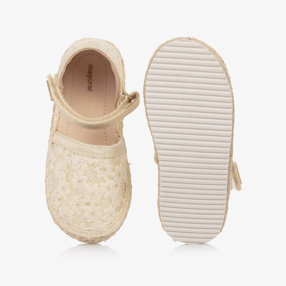 Mayoral-Baby Girls Gold Embroidered Floral Espadrilles | Childrensalon