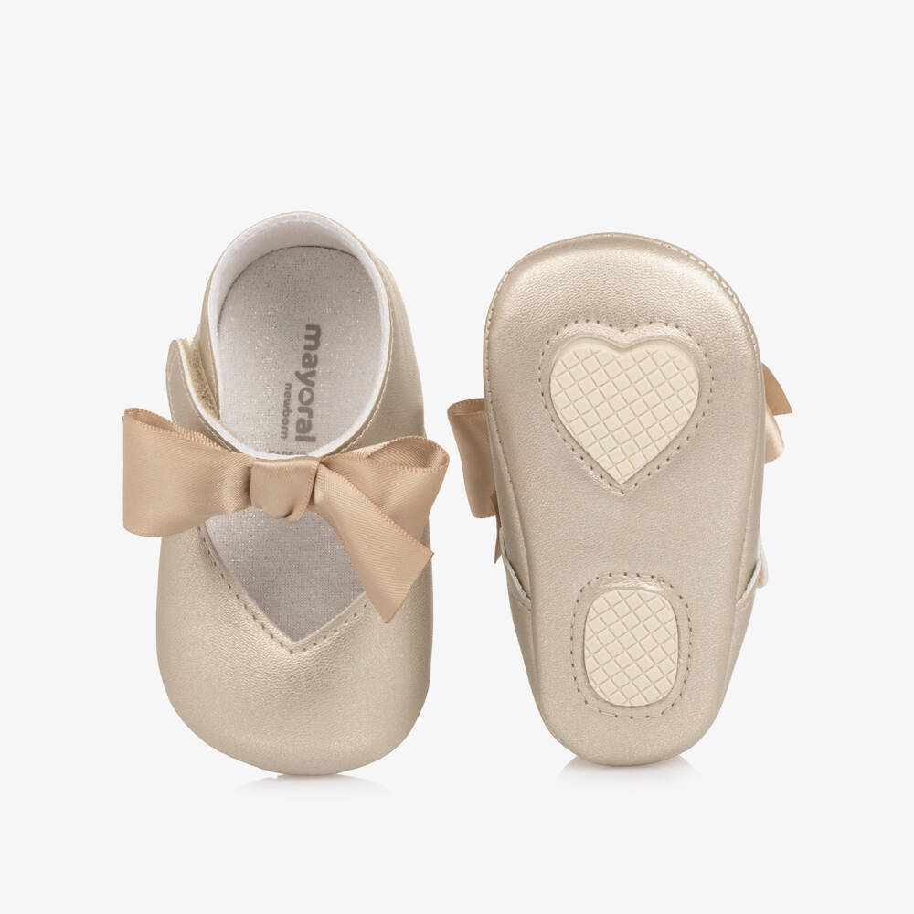 Mayoral Newborn-Baby Girls Gold Faux Leather Pre-Walker Shoes with Bow | Childrensalon
