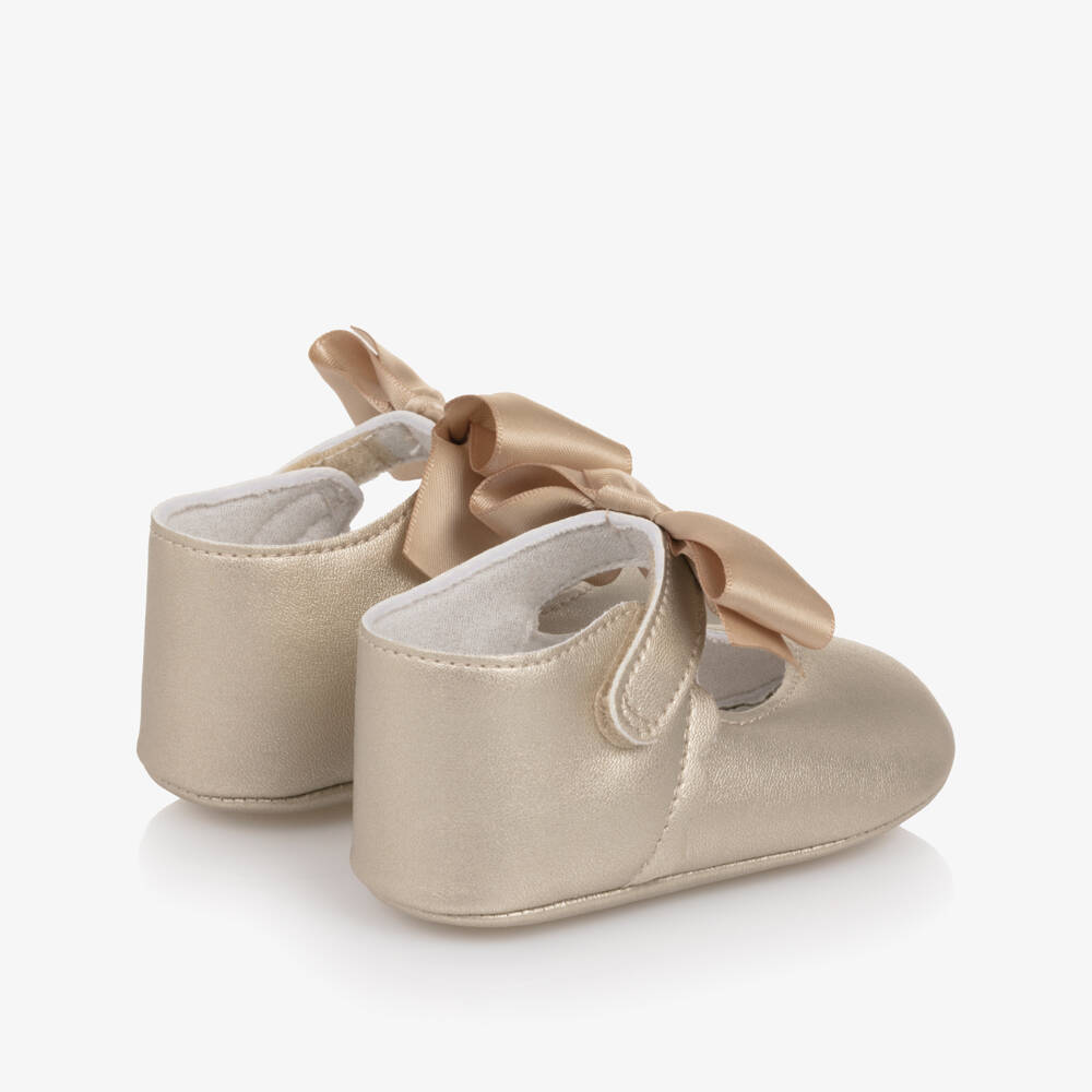 Mayoral Newborn-Baby Girls Gold Faux Leather Pre-Walker Shoes with Bow | Childrensalon