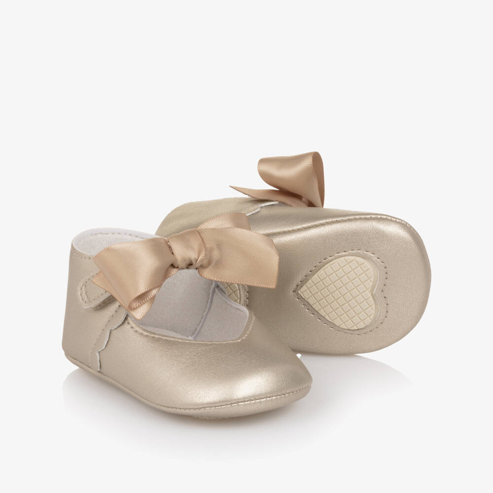 Mayoral Newborn-Baby Girls Gold Faux Leather Pre-Walker Shoes with Bow | Childrensalon